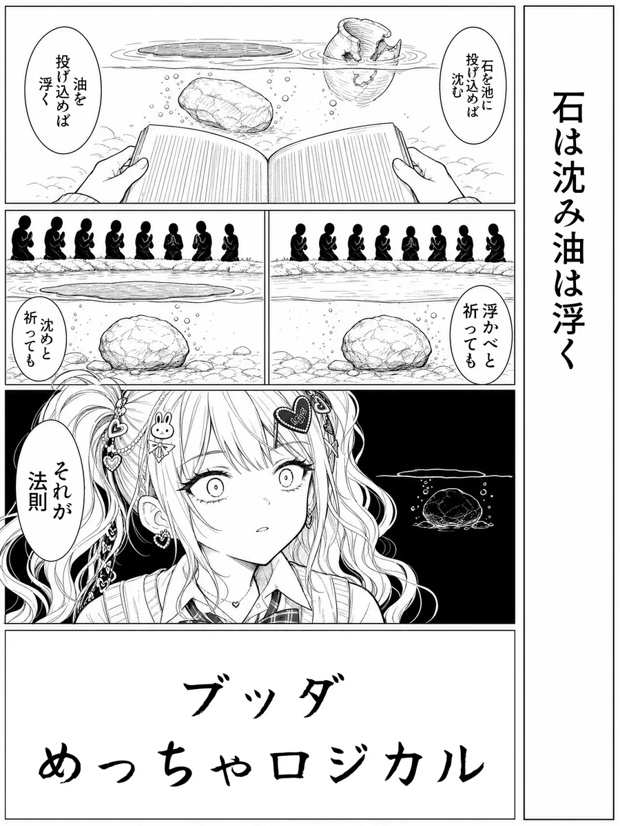 「石は沈み油は浮く」4コマ。決め台詞「ブッダ めっちゃロジカル」